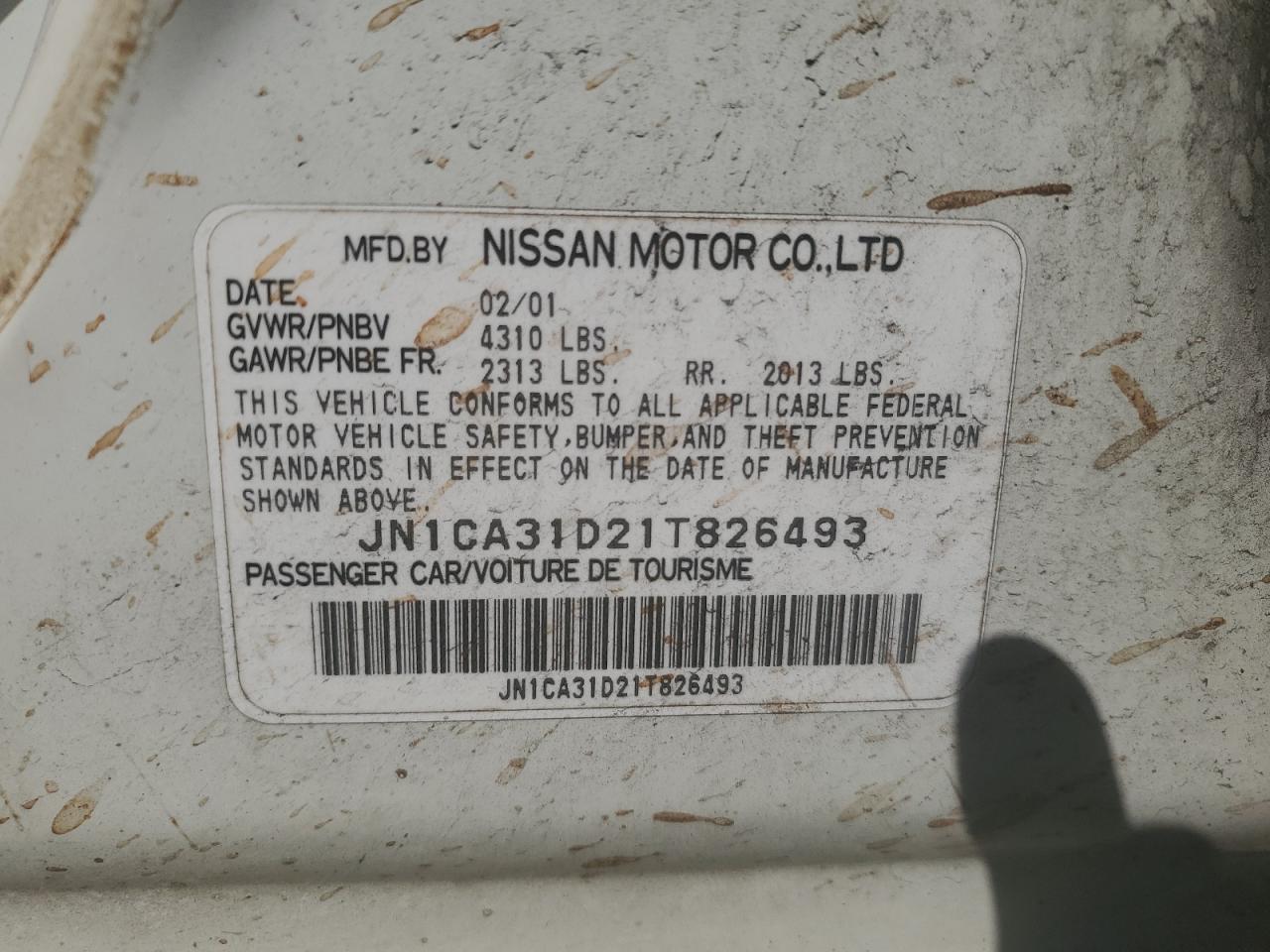 2001 Nissan Maxima Gxe VIN: JN1CA31D21T826493 Lot: 60648075