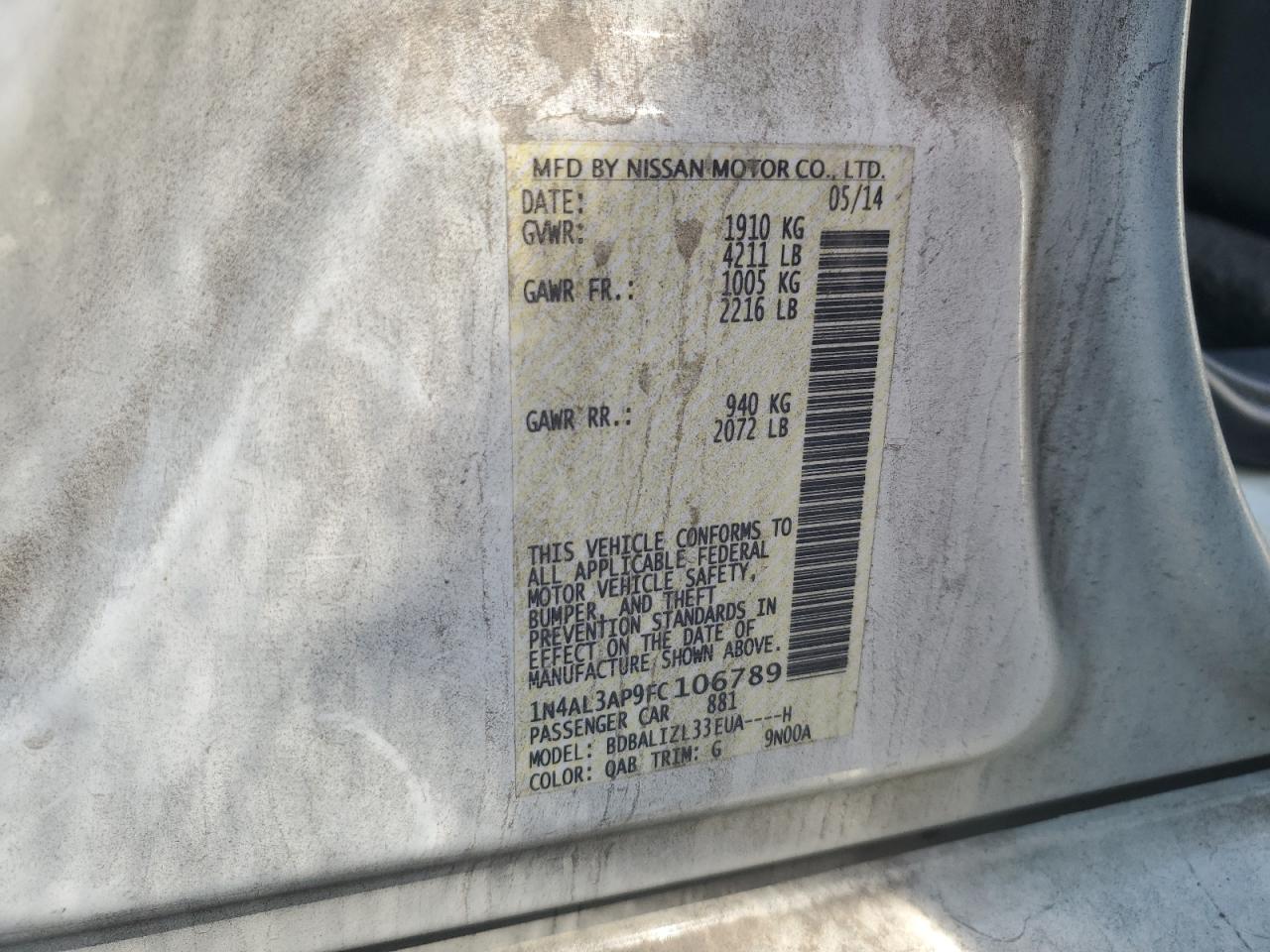 2015 Nissan Altima 2.5 VIN: 1N4AL3AP9FC106789 Lot: 62938735