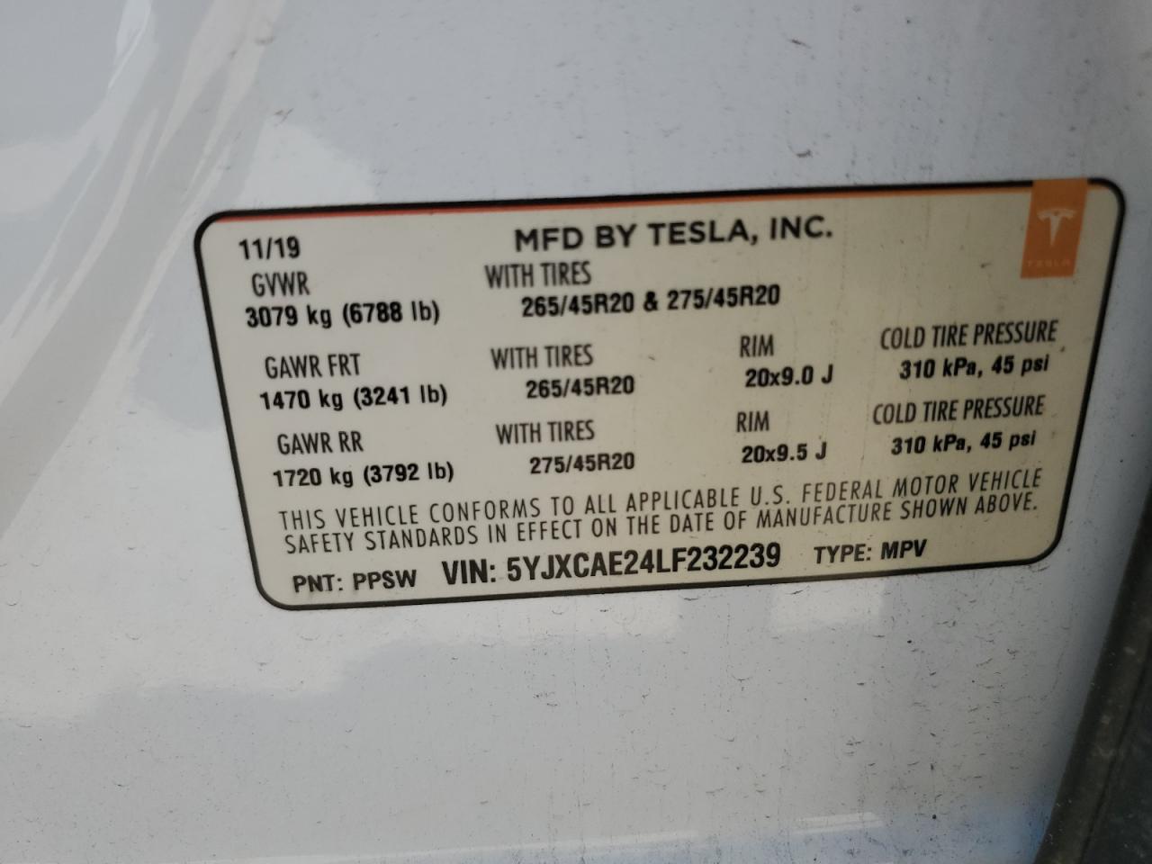 2020 Tesla Model X VIN: 5YJXCAE24LF232239 Lot: 61559595