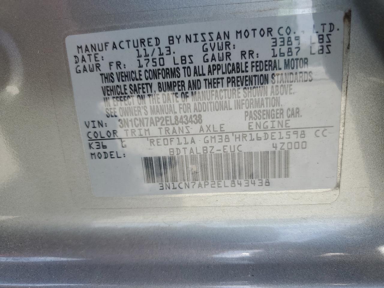 2014 Nissan Versa S VIN: 3N1CN7AP2EL843438 Lot: 60238155