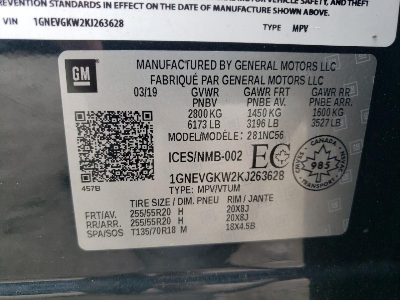 2019 Chevrolet Traverse Lt VIN: 1GNEVGKW2KJ263628 Lot: 61349785