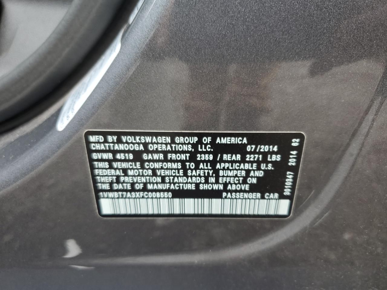 2015 Volkswagen Passat Se VIN: 1VWBT7A3XFC008550 Lot: 61328435