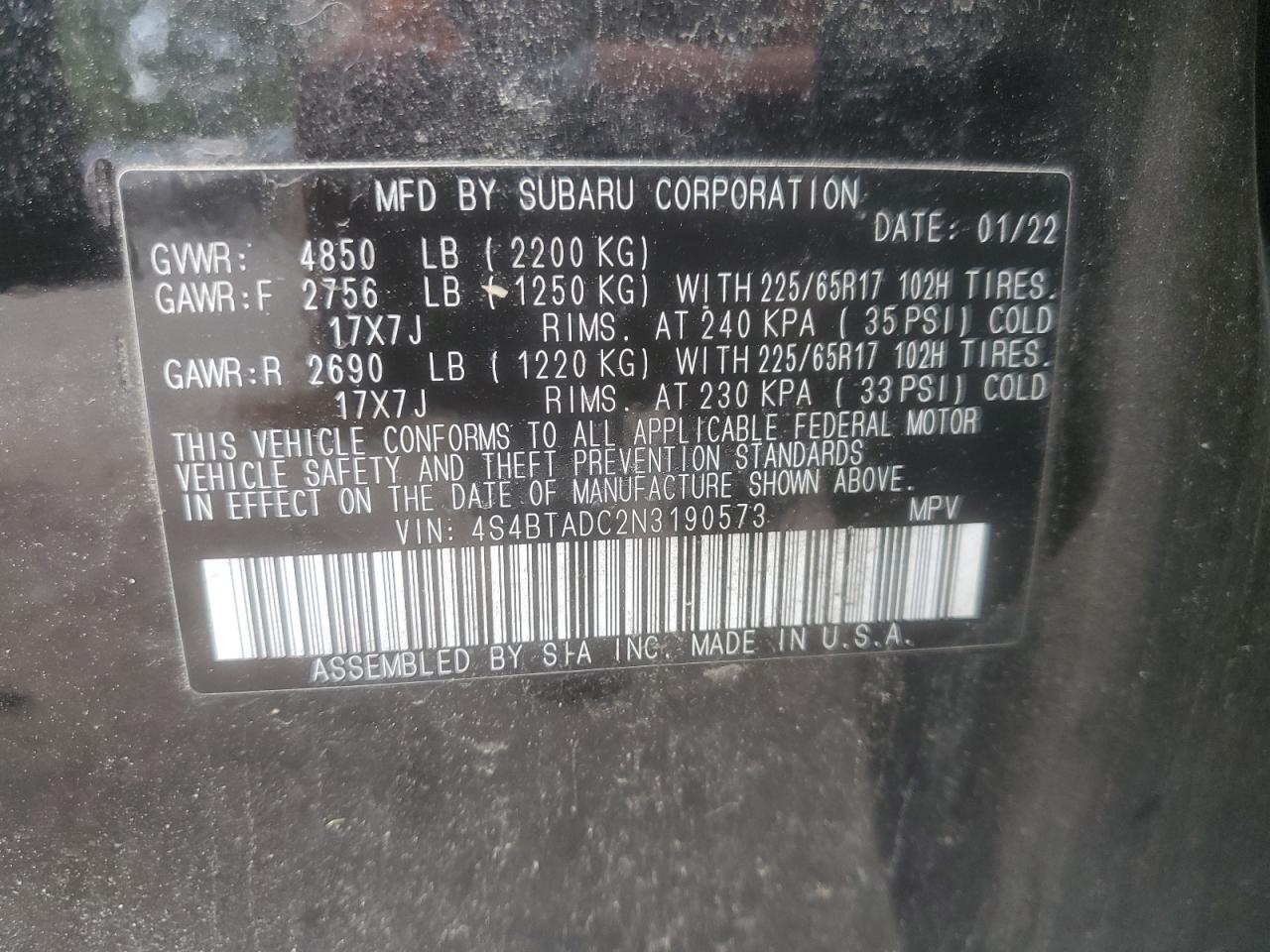 2022 Subaru Outback Premium VIN: 4S4BTADC2N3190573 Lot: 60345155