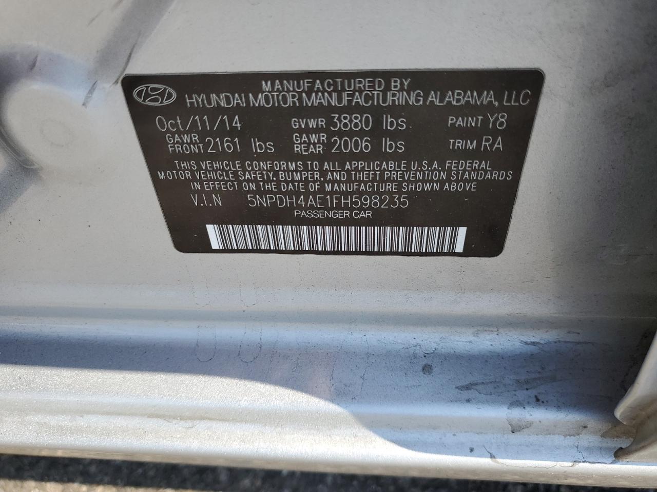 HYUNDAI ELANTRA 2015 VIN 5NPDH4AE1FH598235 zdjęcie 12