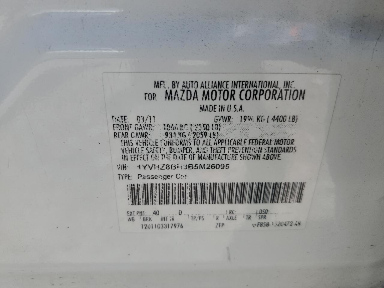 2011 Mazda 6 I VIN: 1YVHZ8BH3B5M26095 Lot: 62309125