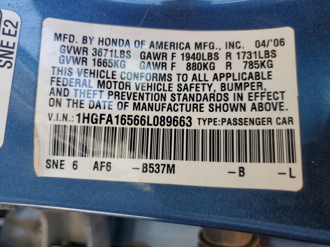 2006 Honda Civic Lx VIN: 1HGFA16566L089663 Lot: 62743125