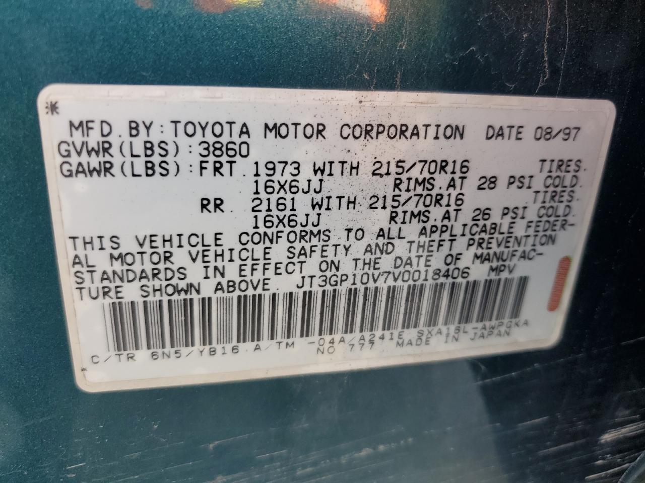 1997 Toyota Rav4 VIN: JT3GP10V7V0018406 Lot: 59811205