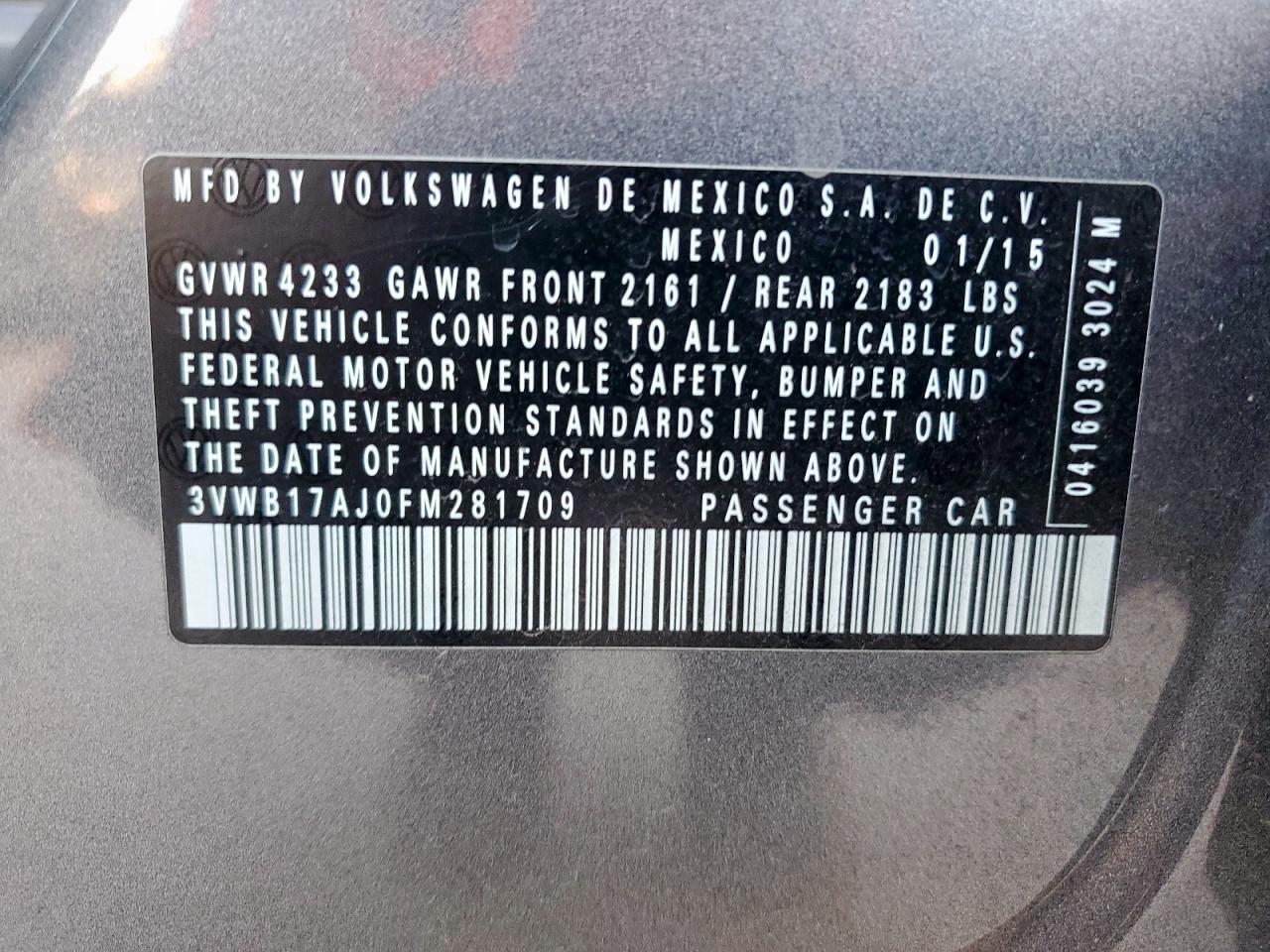 2015 Volkswagen Jetta Se VIN: 3VWB17AJ0FM281709 Lot: 62726005