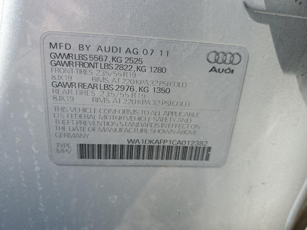 2012 Audi Q5 Premium Plus VIN: WA1DKAFP1CA012382 Lot: 61397825