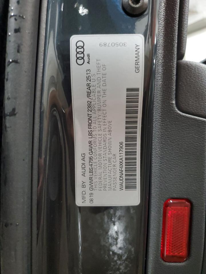 2019 Audi A4 Premium VIN: WAUDNAF4XKA117906 Lot: 61091315
