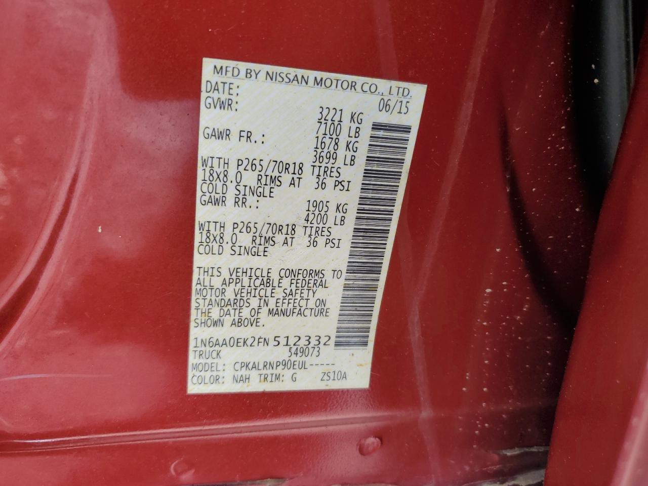 2015 Nissan Titan S VIN: 1N6AA0EK2FN512332 Lot: 62423225