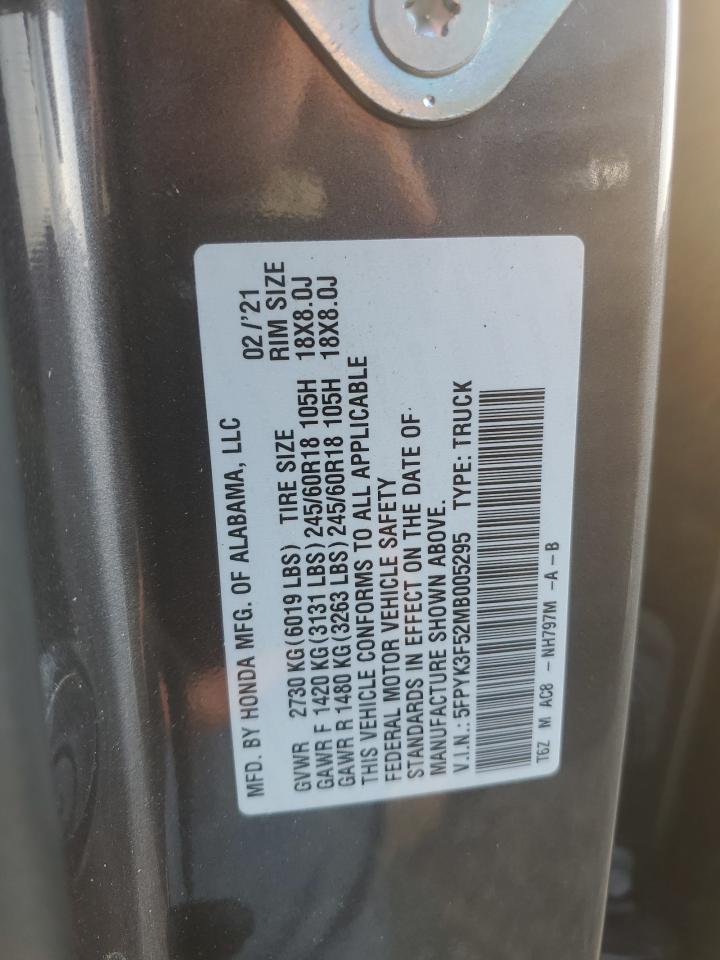2021 Honda Ridgeline Rtl VIN: 5FPYK3F52MB005295 Lot: 62274975