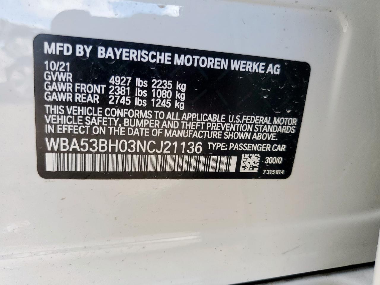 BMW 5 SERIES 2022 VIN WBA53BH03NCJ21136 фото 12
