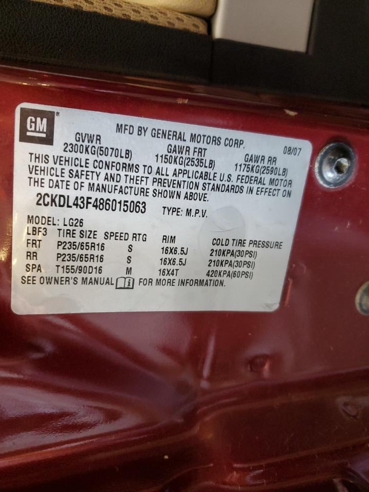 2008 Pontiac Torrent VIN: 2CKDL43F486015063 Lot: 62299635
