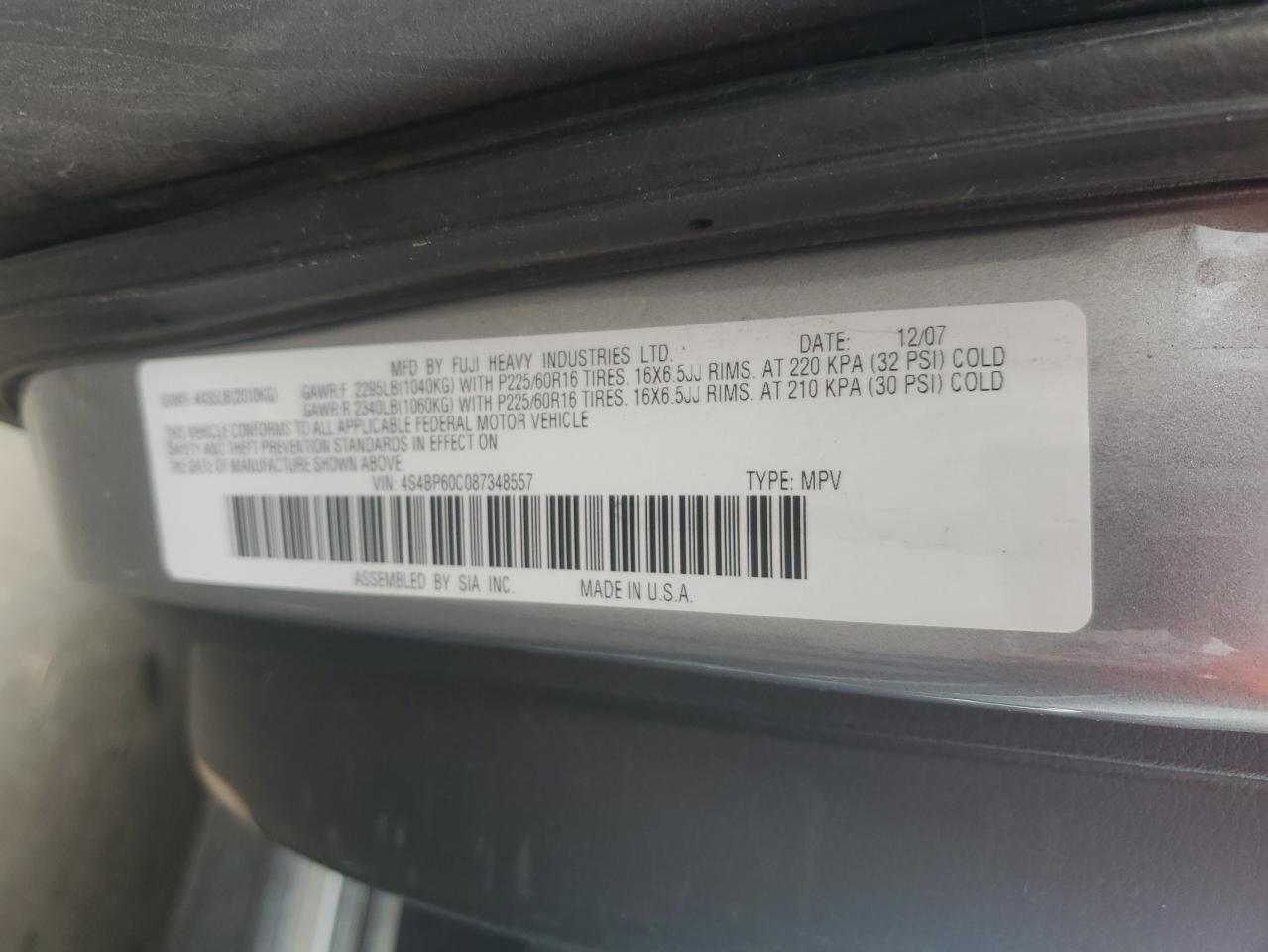 2008 Subaru Outback VIN: 4S4BP60C087348557 Lot: 61802335