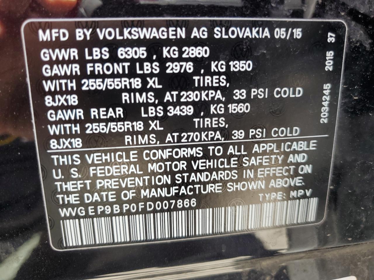 2015 Volkswagen Touareg V6 Tdi VIN: WVGEP9BP0FD007866 Lot: 63127475