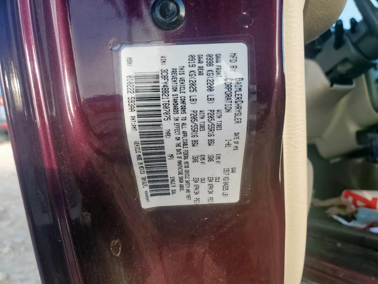 2001 Chrysler Pt Cruiser VIN: 3C8FY4BB21T607075 Lot: 61221035