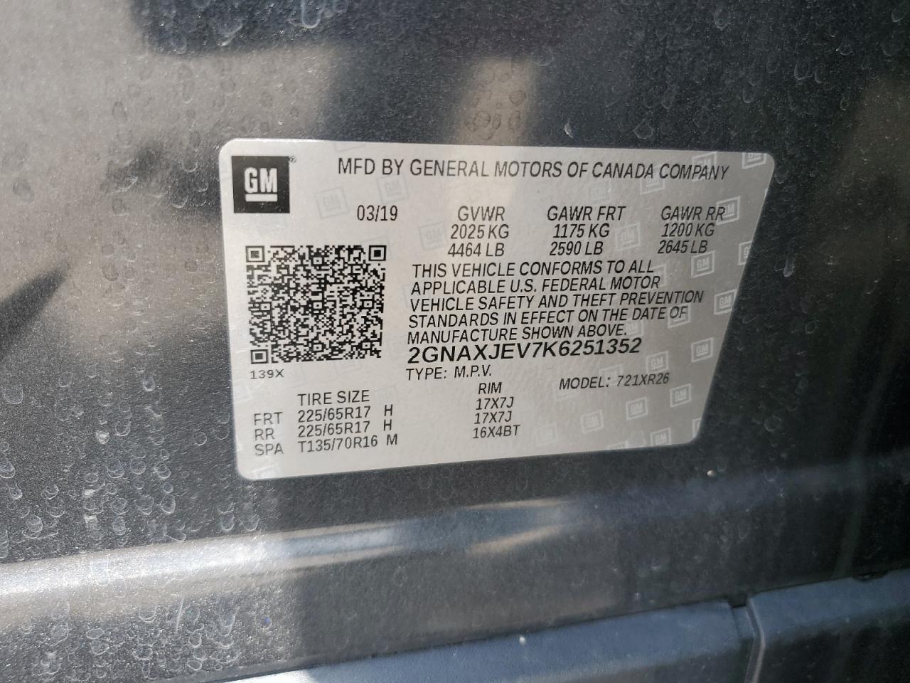 2019 Chevrolet Equinox Lt VIN: 2GNAXJEV7K6251352 Lot: 62688985