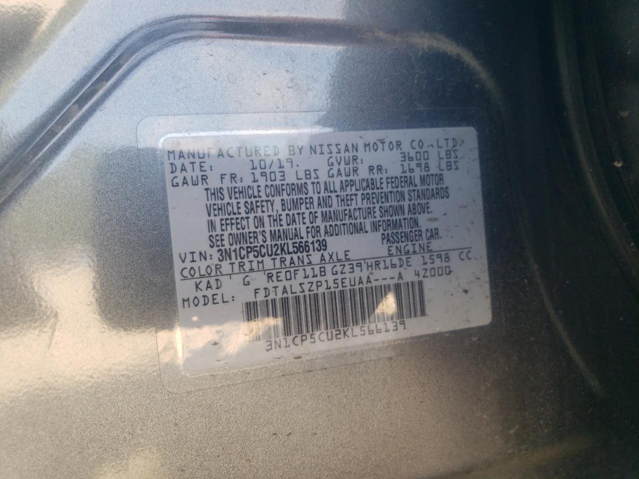 2019 Nissan Kicks S VIN: 3N1CP5CU2KL566139 Lot: 62591185