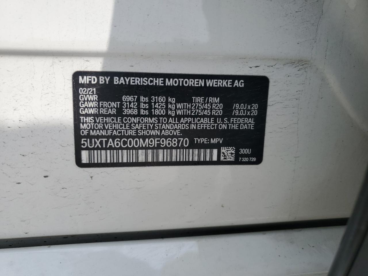 2021 BMW X5 xDrive45E VIN: 5UXTA6C00M9F96870 Lot: 58142455