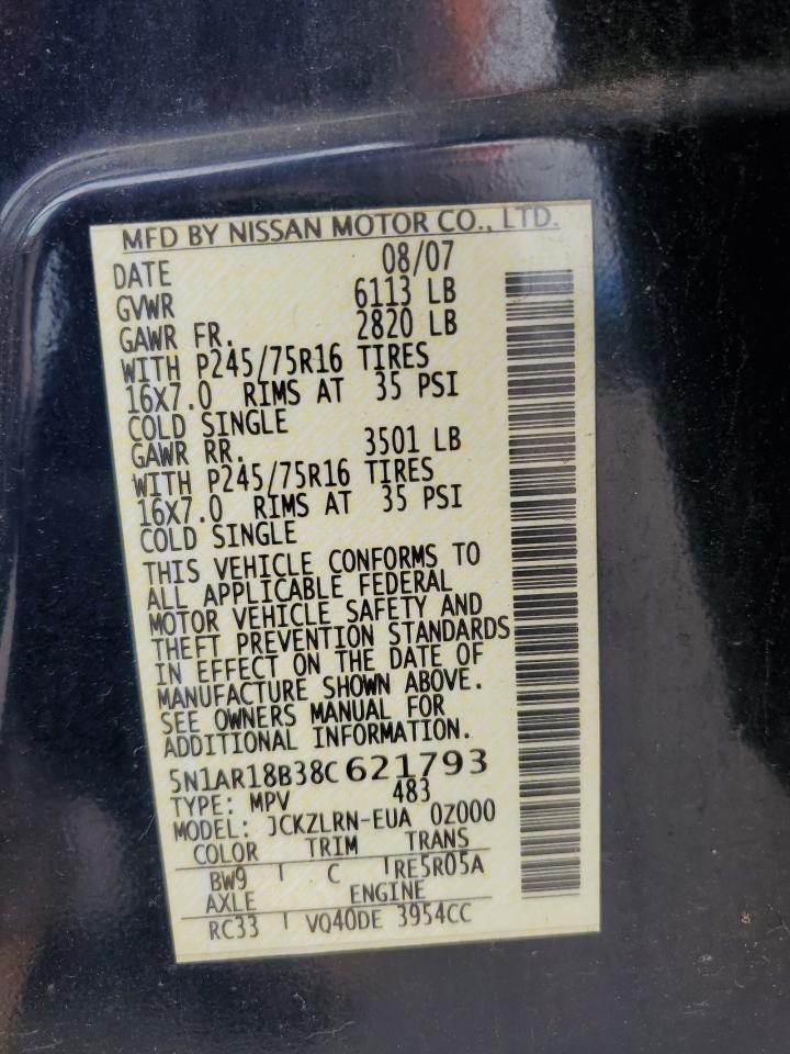 2008 Nissan Pathfinder S VIN: 5N1AR18B38C621793 Lot: 62580165