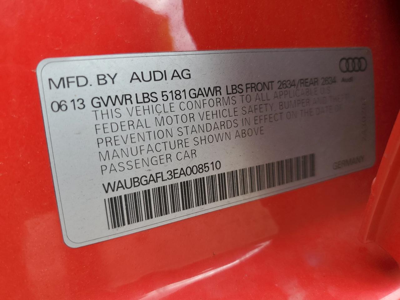 2014 Audi S4 Premium Plus VIN: WAUBGAFL3EA008510 Lot: 62028095