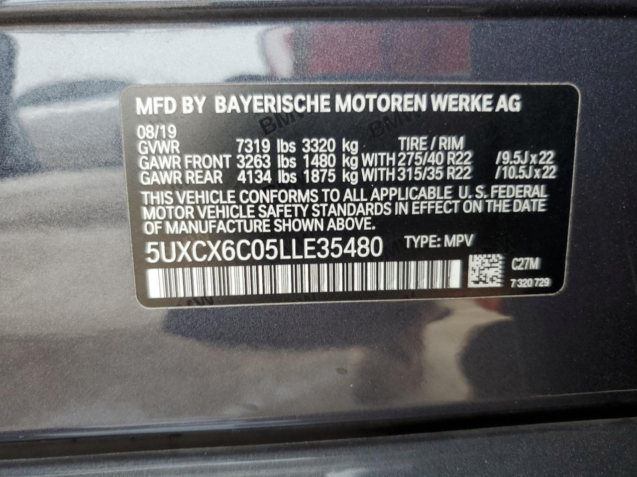 2020 BMW X7 M50I VIN: 5UXCX6C05LLE35480 Lot: 58987655