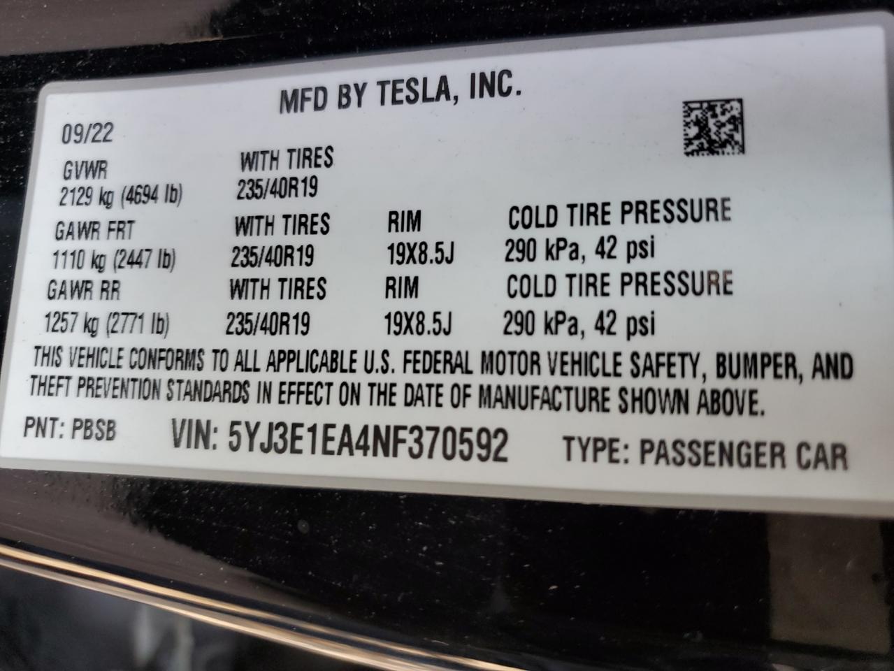 2022 Tesla Model 3 VIN: 5YJ3E1EA4NF370592 Lot: 60156445