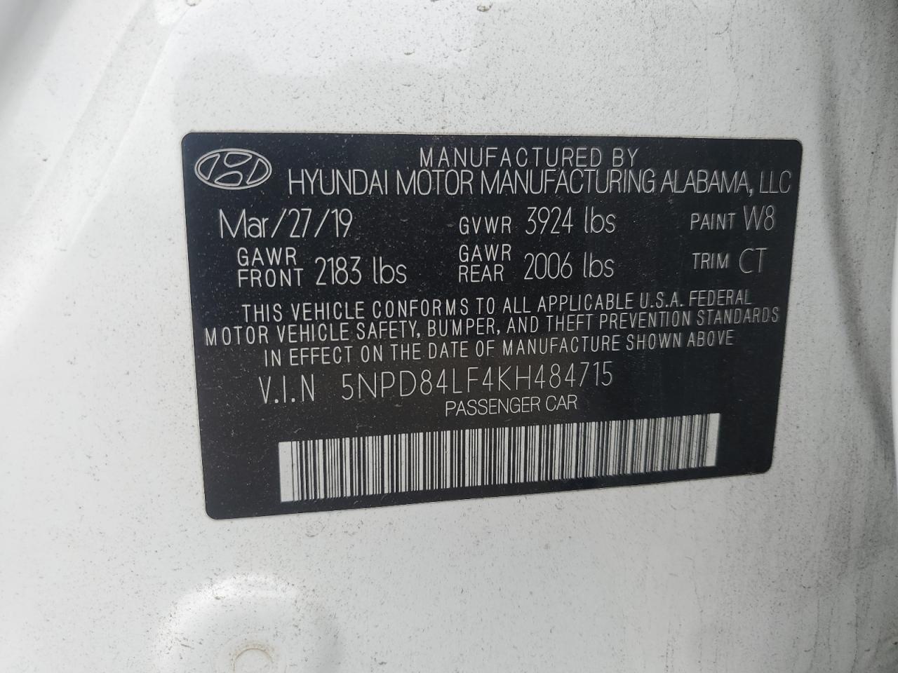 2019 Hyundai Elantra Sel VIN: 5NPD84LF4KH484715 Lot: 61458905