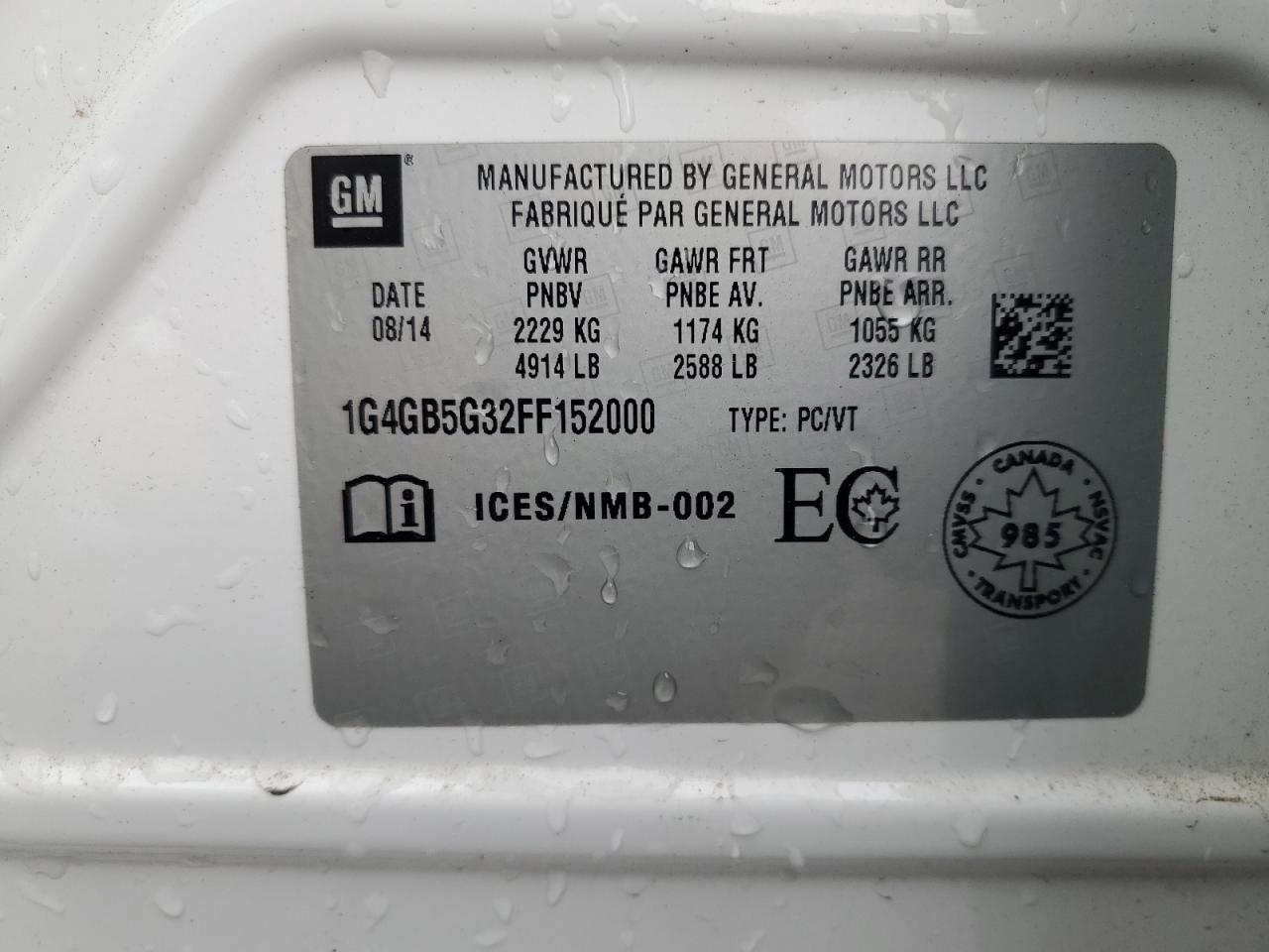 2015 Buick Lacrosse VIN: 1G4GB5G32FF152000 Lot: 60821775