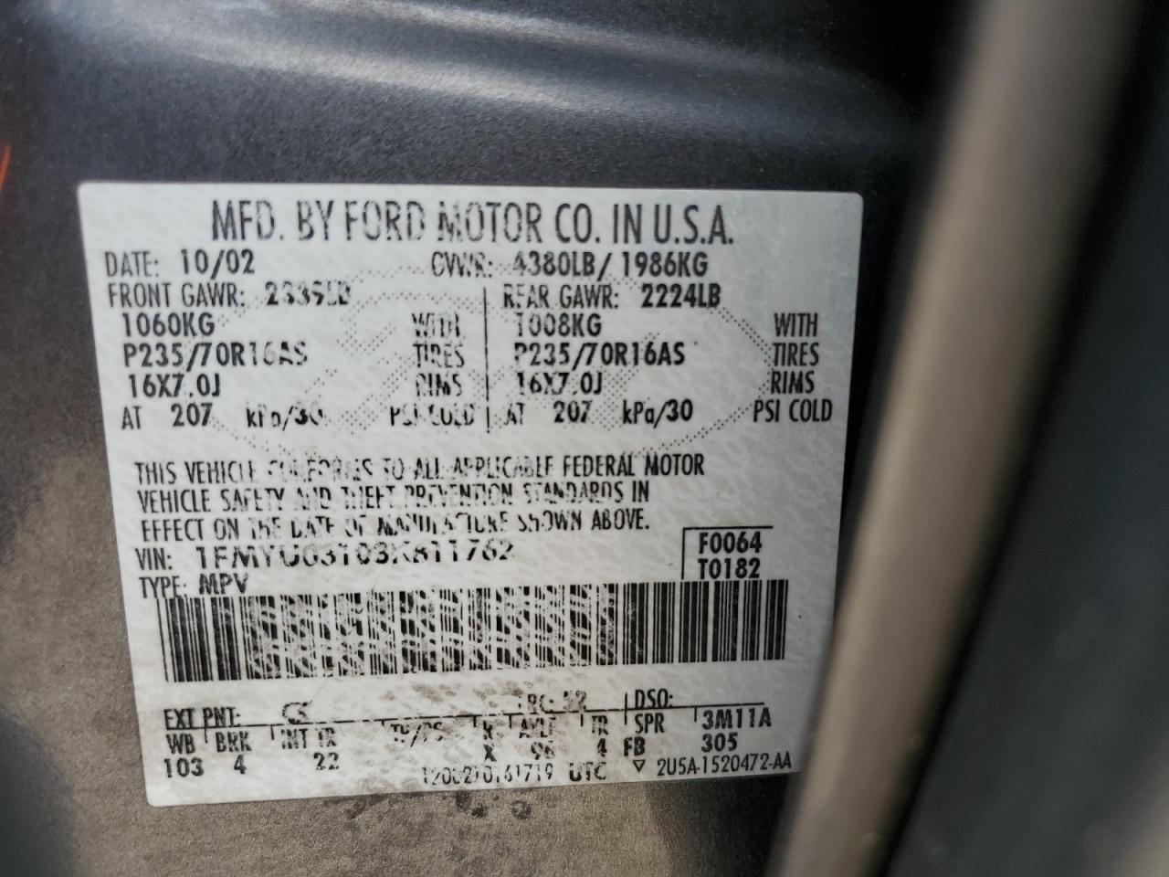 2003 Ford Escape Xlt VIN: 1FMYU03103KB11762 Lot: 62250035