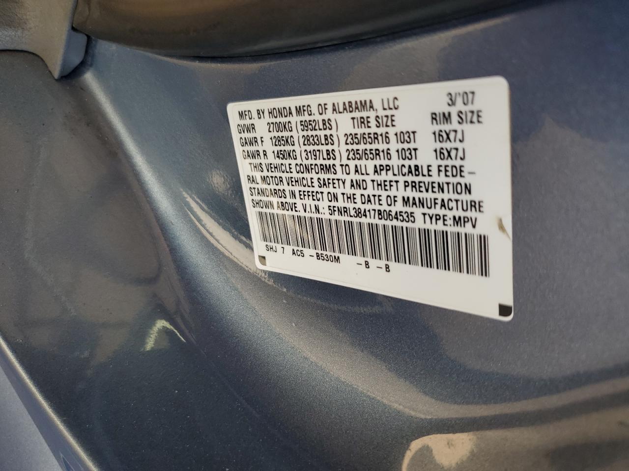 2007 Honda Odyssey Ex VIN: 5FNRL38417B064535 Lot: 62458385