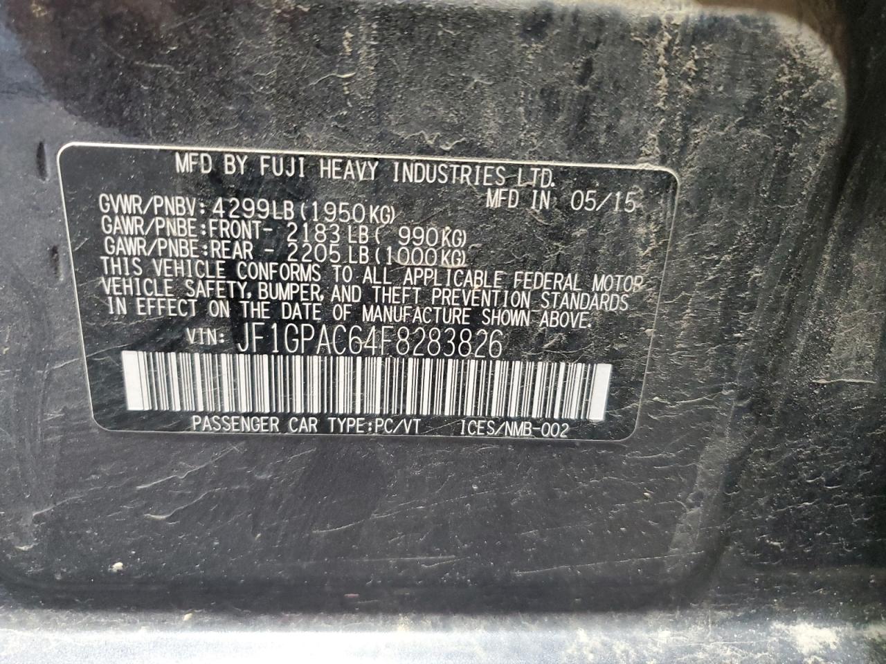 2015 Subaru Impreza Premium VIN: JF1GPAC64F8283826 Lot: 61807225