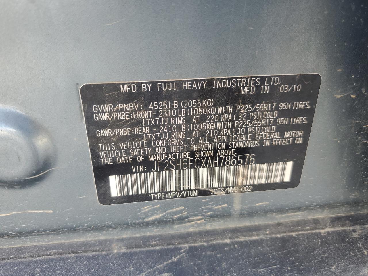 2010 Subaru Forester 2.5Xt Limited VIN: JF2SH6FCXAH786576 Lot: 61209005