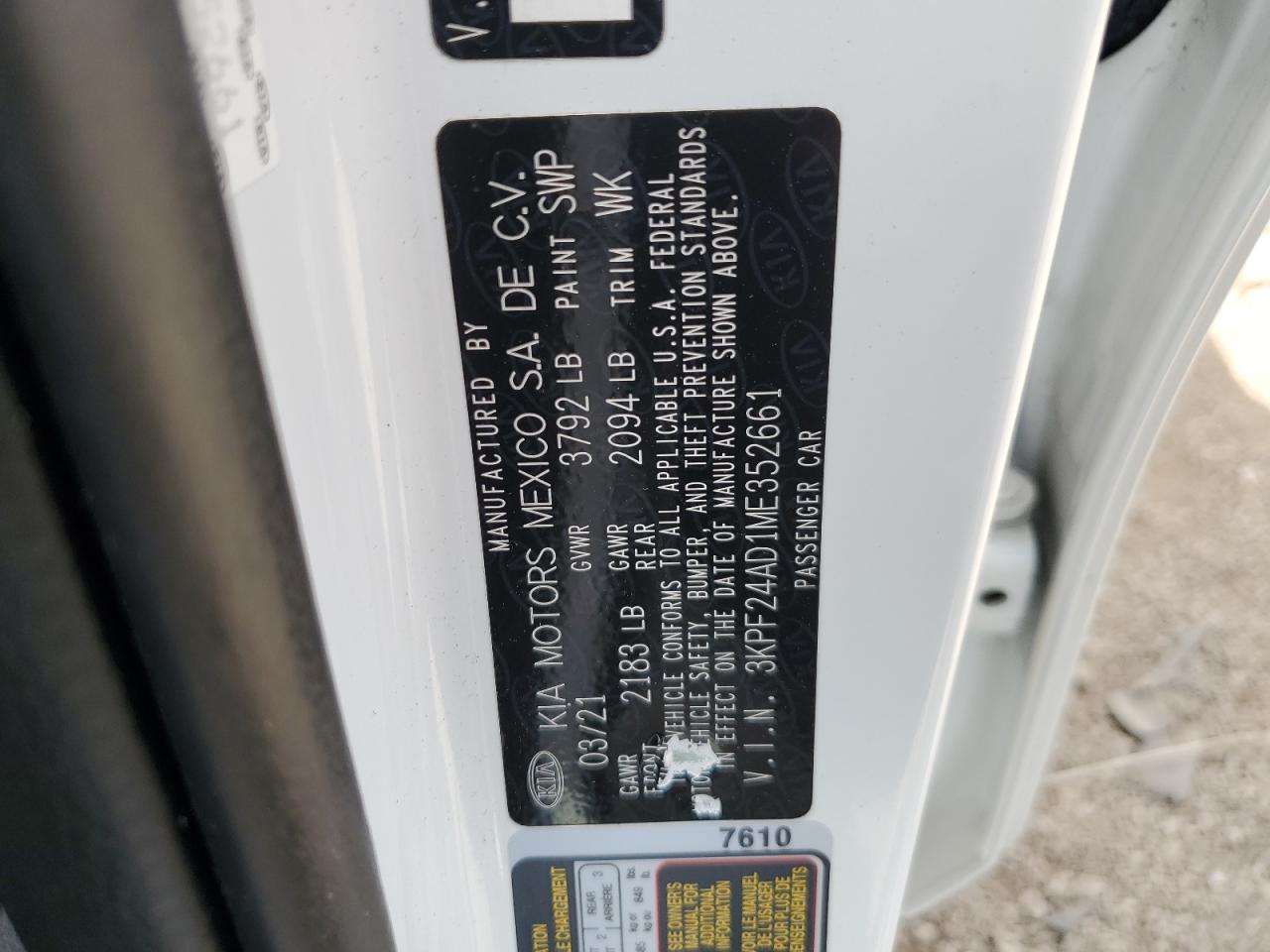 2021 Kia Forte Fe VIN: 3KPF24AD1ME352661 Lot: 62444465