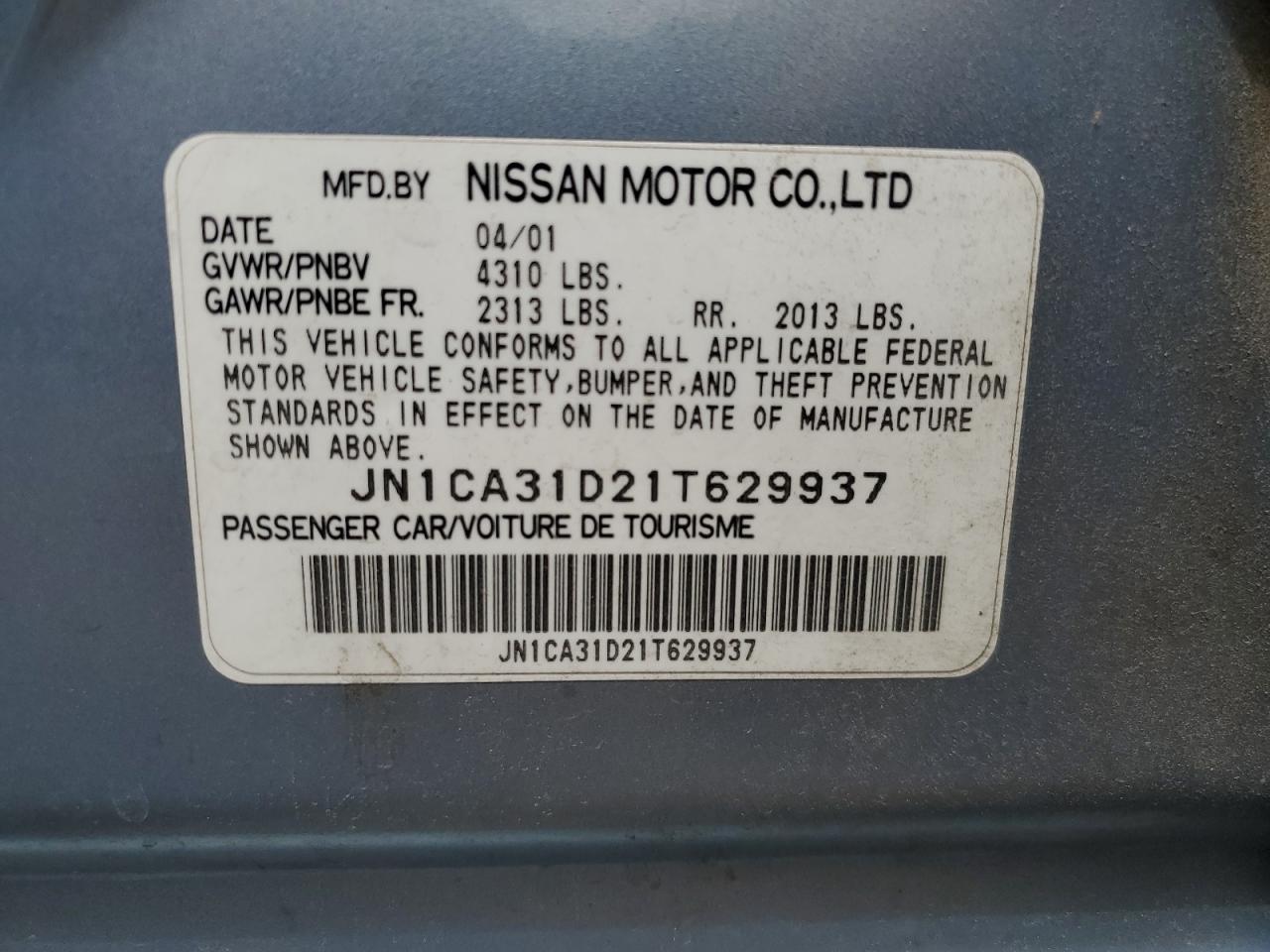 2001 Nissan Maxima Gxe VIN: JN1CA31D21T629937 Lot: 62501995
