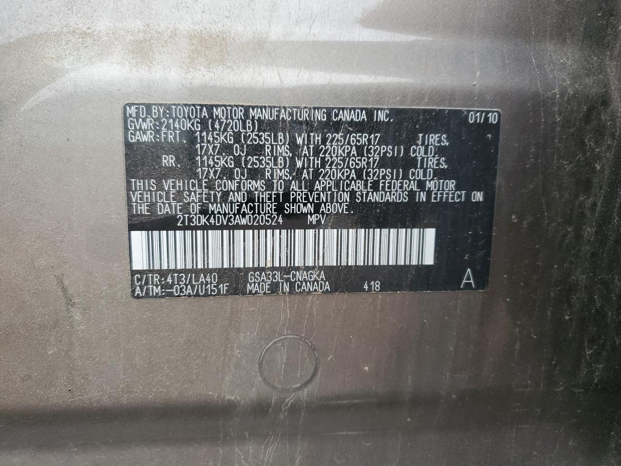 2010 Toyota Rav4 Limited VIN: 2T3DK4DV3AW020524 Lot: 58625845