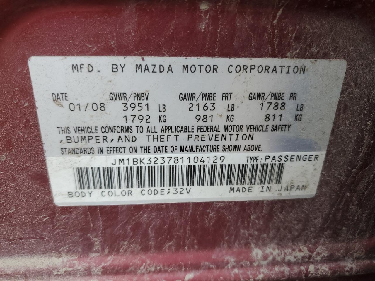 2008 Mazda 3 S VIN: JM1BK323781104129 Lot: 63052845