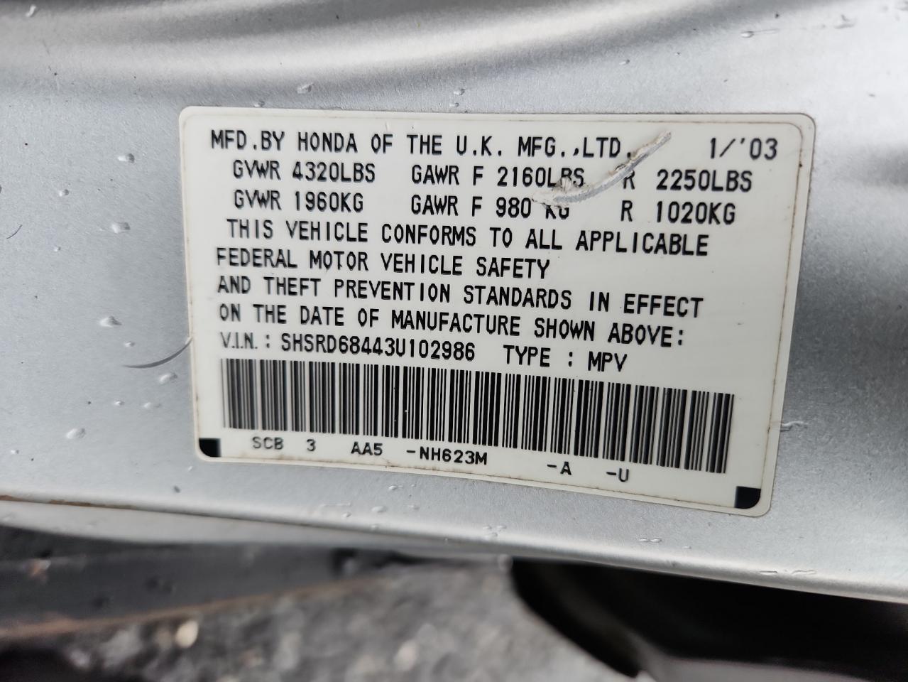 2003 Honda Cr-V Lx VIN: SHSRD68443U102986 Lot: 61979445