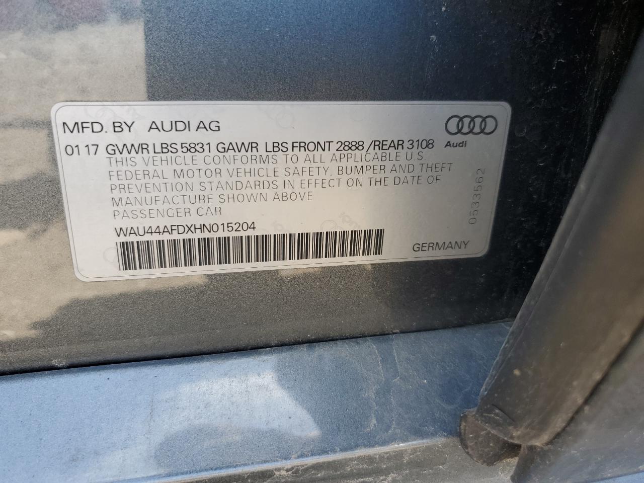 2017 Audi A8 L Quattro VIN: WAU44AFDXHN015204 Lot: 62845725