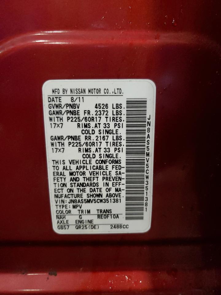 2012 Nissan Rogue S VIN: JN8AS5MV5CW351381 Lot: 61434705