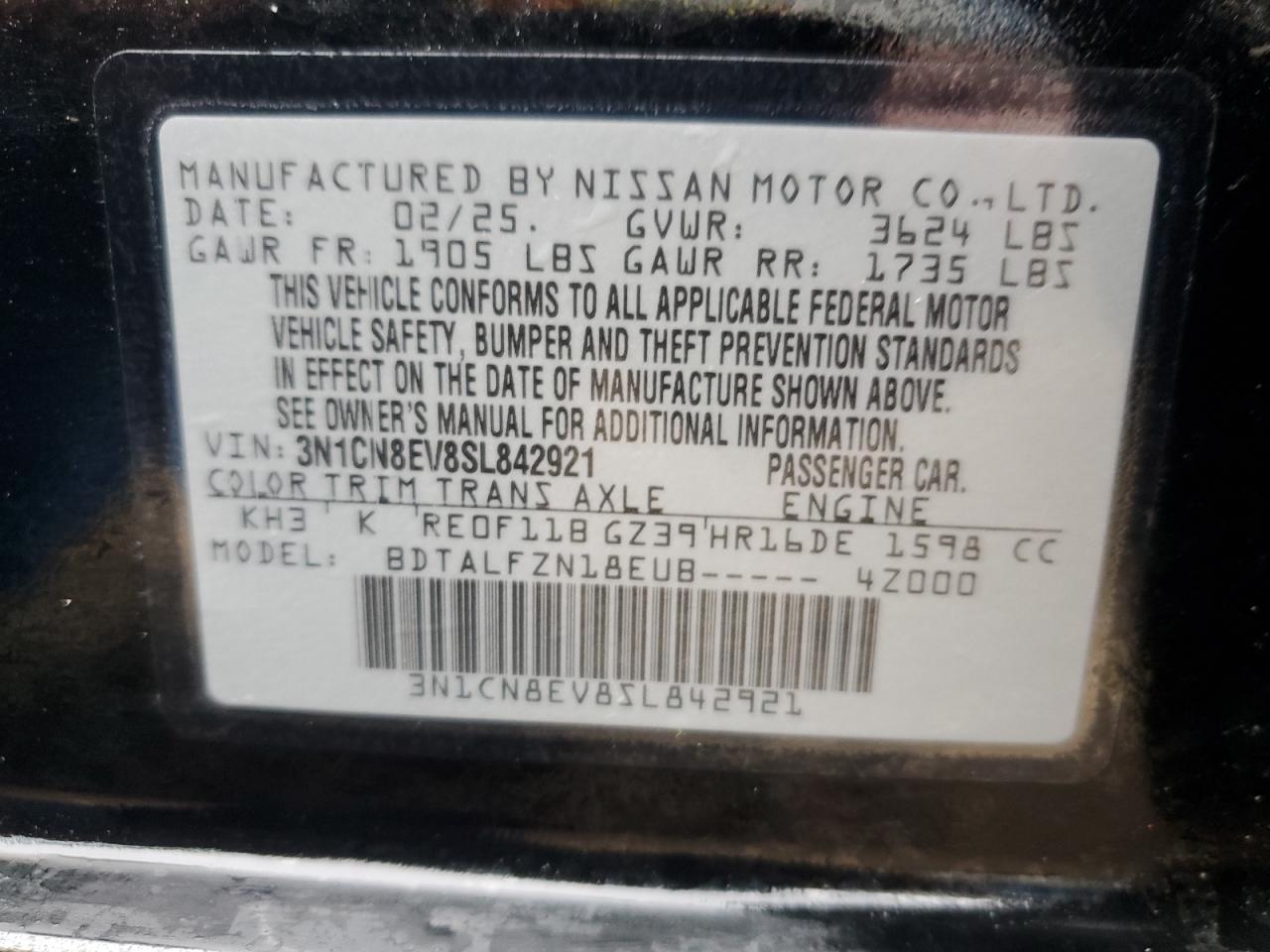 2025 Nissan Versa Sv VIN: 3N1CN8EV8SL842921 Lot: 62181515