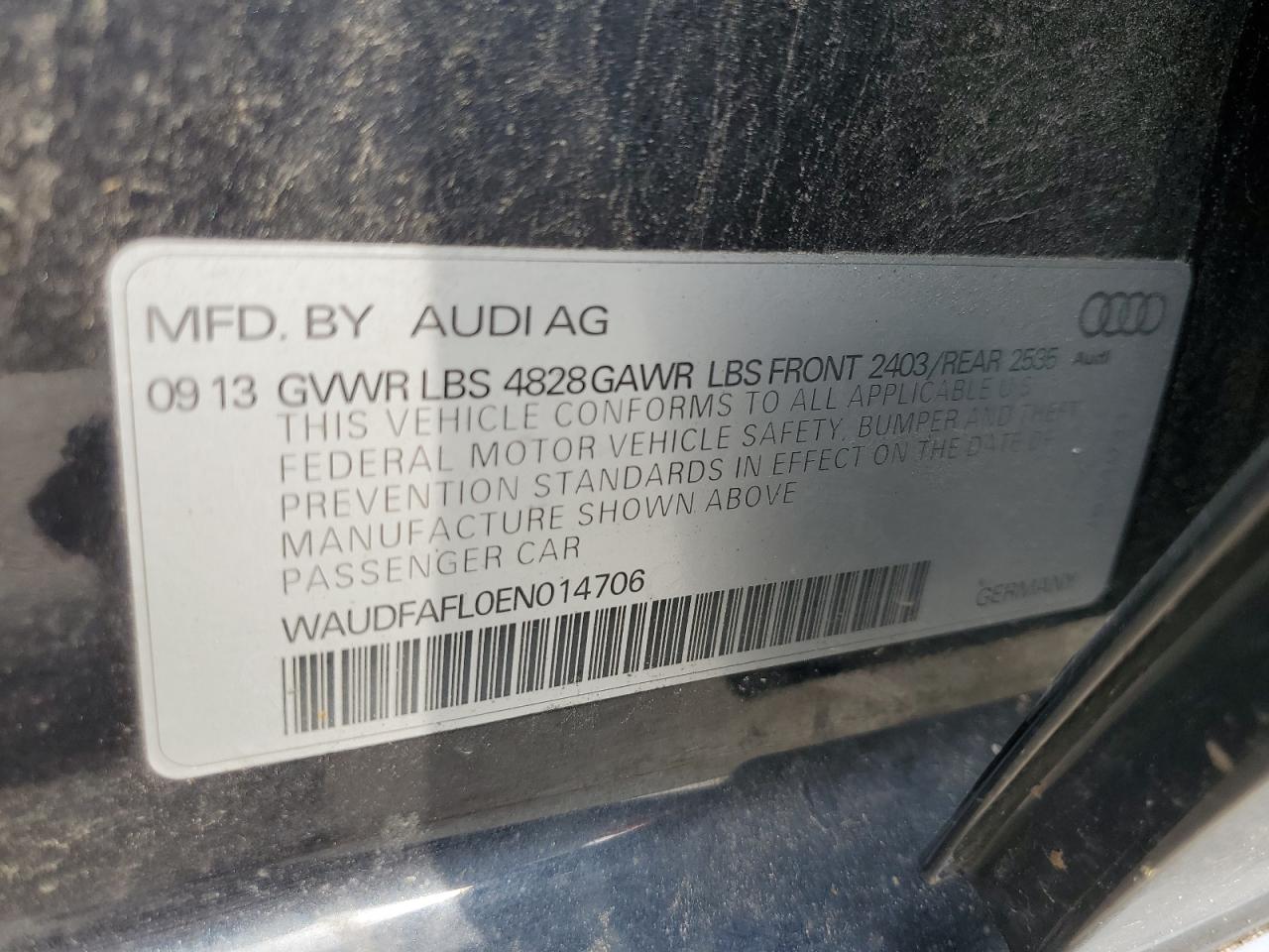 2014 Audi A4 Premium VIN: WAUDFAFL0EN014706 Lot: 58731375