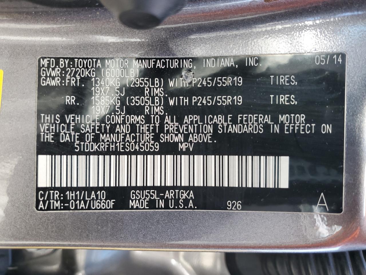 2014 Toyota Highlander Limited VIN: 5TDDKRFH1ES045059 Lot: 62792885