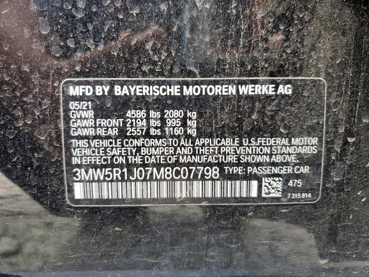 2021 BMW 330I VIN: 3MW5R1J07M8C07798 Lot: 61731225