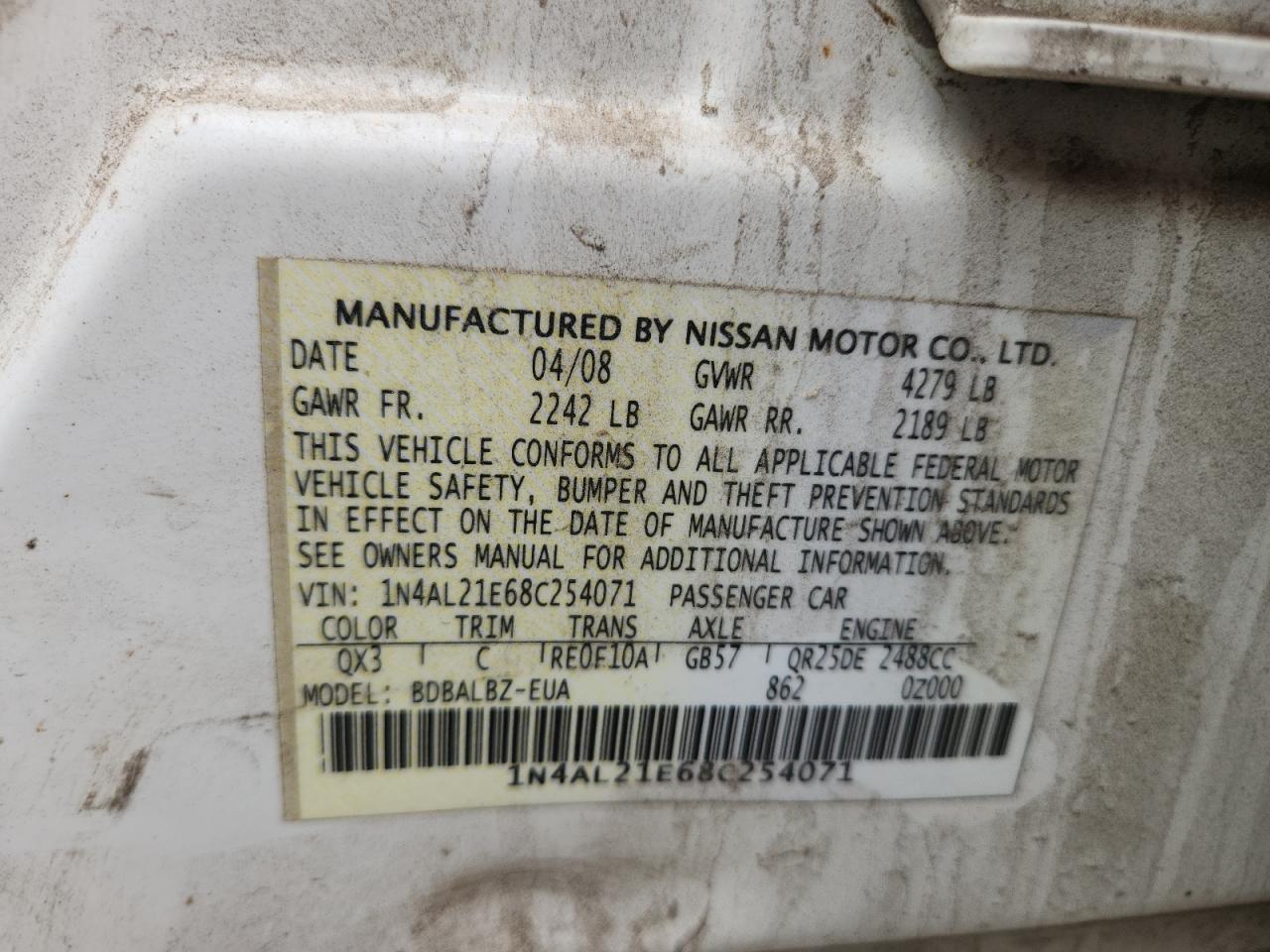 NISSAN ALTIMA 2008 VIN 1N4AL21E68C254071 фото 12