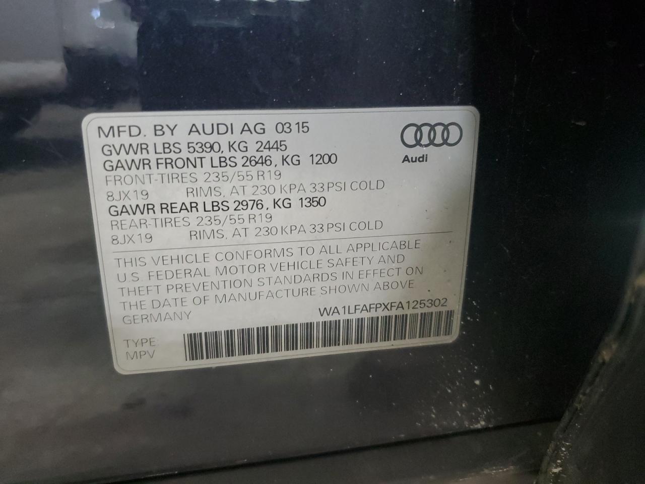 2015 Audi Q5 Premium Plus VIN: WA1LFAFPXFA125302 Lot: 62377995