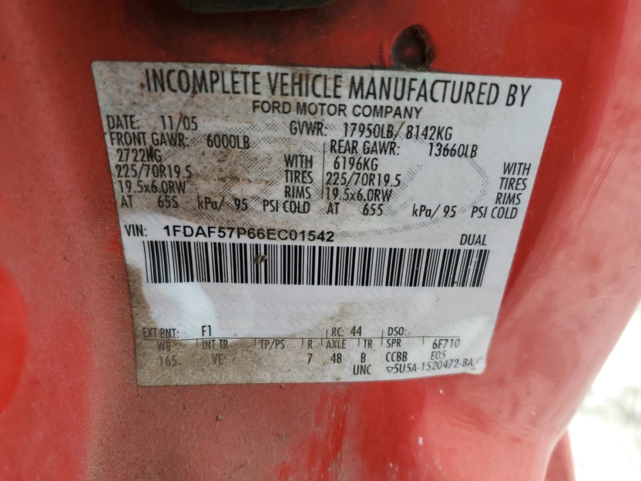 2006 Ford F550 Super Duty VIN: 1FDAF57P66EC01542 Lot: 57853155