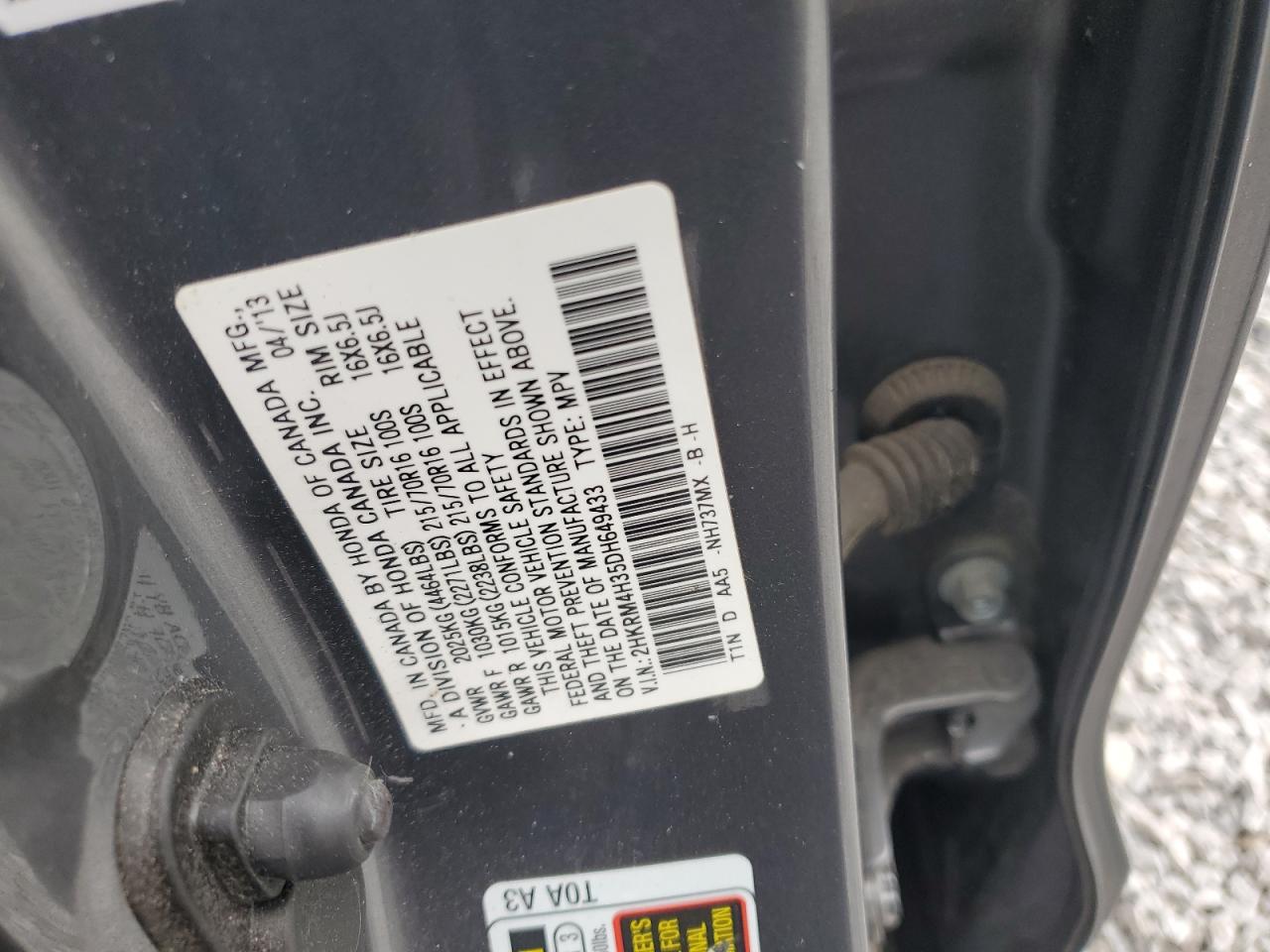 2013 Honda Cr-V Lx VIN: 2HKRM4H35DH649433 Lot: 62344735