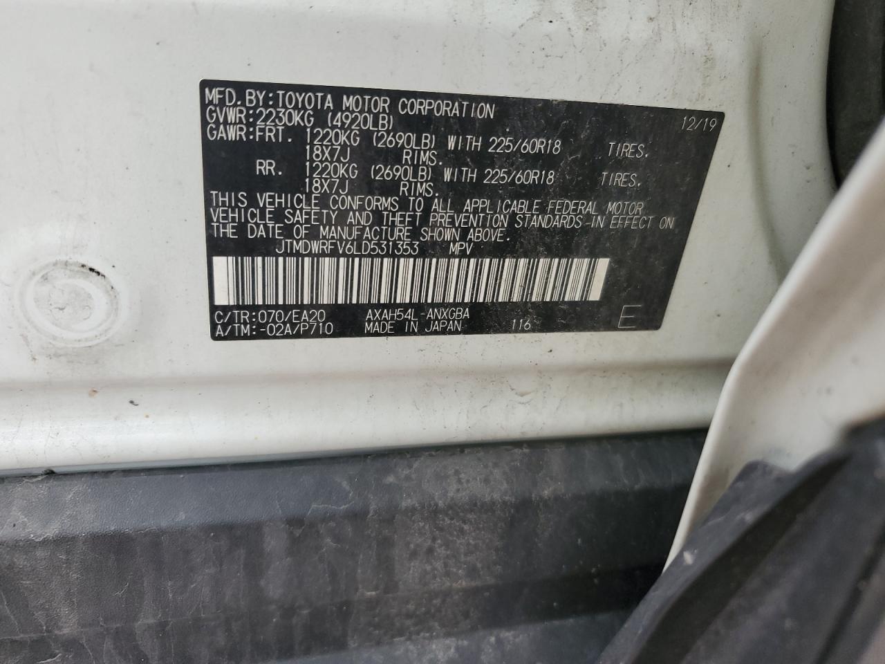 2020 Toyota Rav4 Limited VIN: JTMDWRFV6LD531353 Lot: 61396555